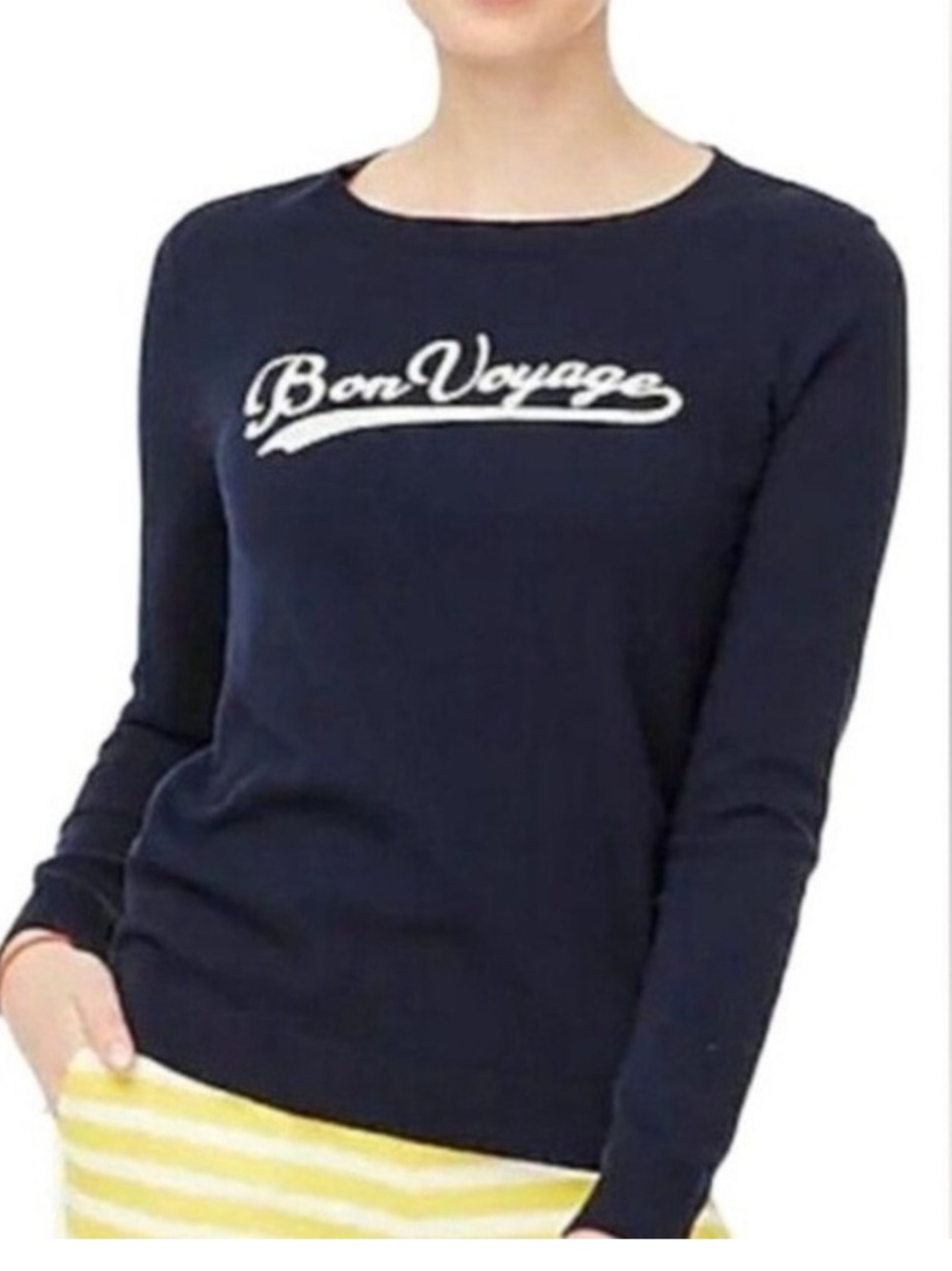 J Crew Sweater Teddie Bon Voyage Embroidered Classic Vacation Boho Blue Sweater